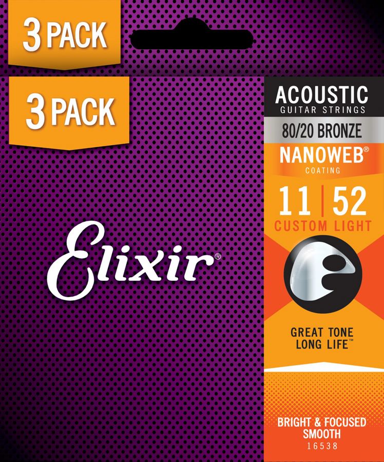 Elixir : Acoustic Nano Custom Light 80/20 Bronze 11-52 3 PACK